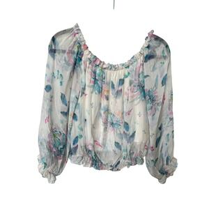 Le Ragazze Italy Silk Blend Floral Off Shoulder Smocked Blouse White Blue L